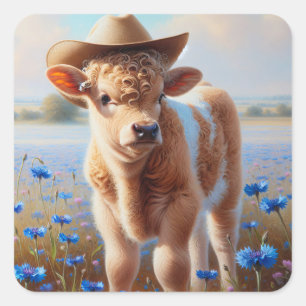 Pegatina Cuadrada Calf Con Gorra De Vaquero En Pastel
