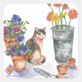 Pegatina Cuadrada Calico Cat Pansies Daisies Watercolor "Don Juan"