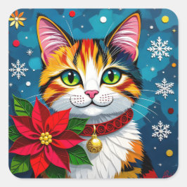 Pegatina Cuadrada Calico Cat, Poinsettias and Snowflakes Christmas