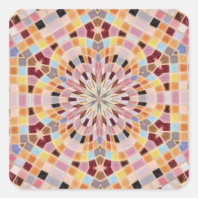 Pegatina Cuadrada Calidoscopio de mosaico rosa y naranja (Anverso)