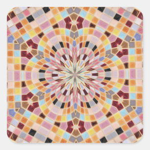 Pegatina Cuadrada Calidoscopio de mosaico rosa y naranja