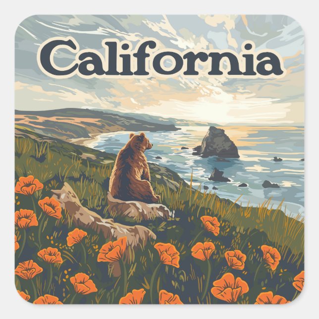 Pegatina Cuadrada California Bear Poppies Flowers Coast Retro (Anverso)