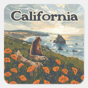 Pegatina Cuadrada California Bear Poppies Flowers Coast Retro