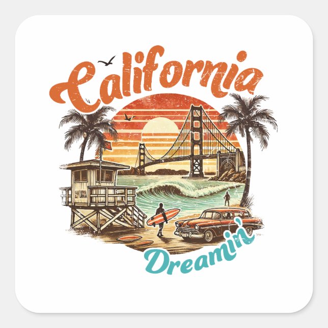 Pegatina Cuadrada California Dreamin’ - Puente costero, playa (Anverso)