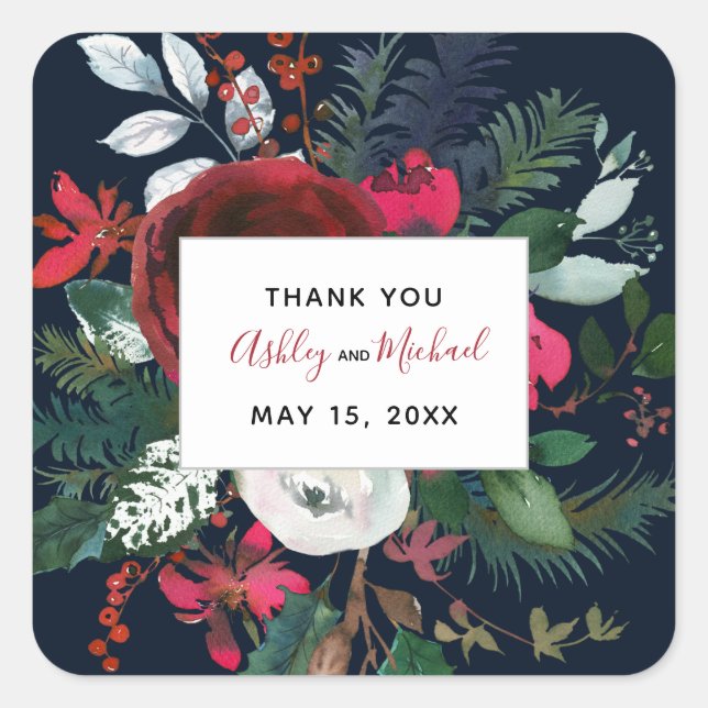 Pegatina Cuadrada CALIGRAFÍA + BLOOM | Fecha Boda de Borgoña y Marin (Anverso)