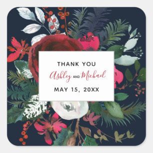 Pegatina Cuadrada CALIGRAFÍA + BLOOM Fecha Boda de Borgoña y Marin