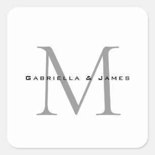 Pegatina Cuadrada Caligrafía de gris blanco negro monogramada encant