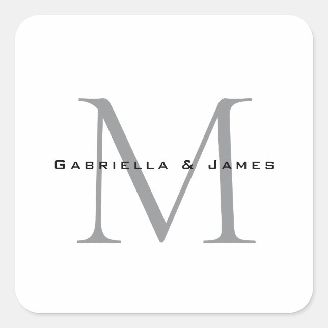 Pegatina Cuadrada Caligrafía de gris blanco negro monogramada encant (Anverso)