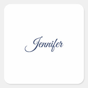 Pegatina Cuadrada Caligrafía Elegante Azul Blanco Plano Nombre Simpl