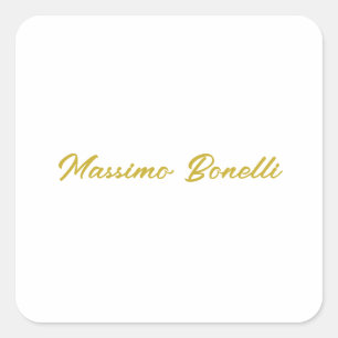Pegatina Cuadrada Caligrafía Elegante Dorado Blanco Sencillo Nombre 