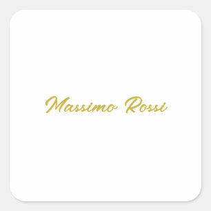 Pegatina Cuadrada Caligrafía Elegante Dorado Blanco Sencillo Nombre 