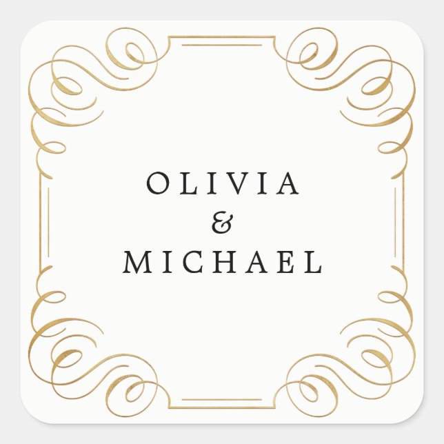 Pegatina Cuadrada Caligrafía floreciente de época blanca y blanca (Anverso)