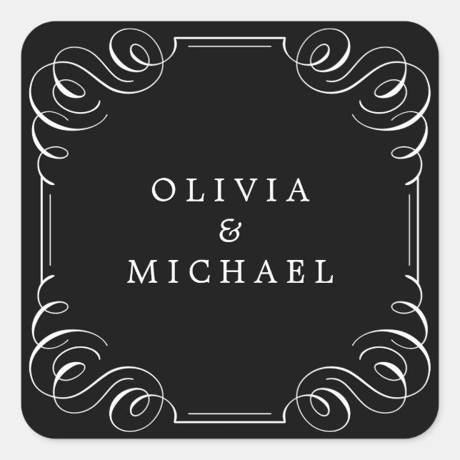 Pegatina Cuadrada Caligrafía floreciente de época blanca y blanca (Anverso)