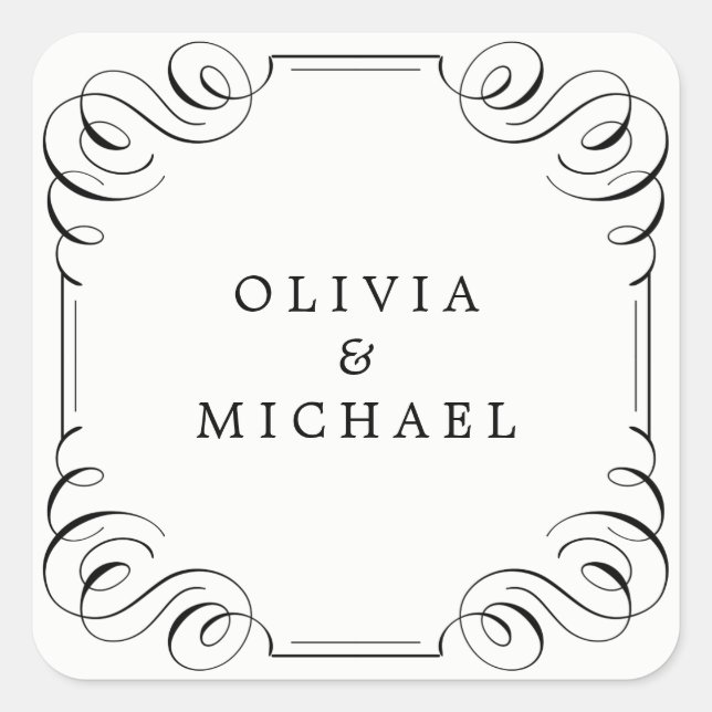 Pegatina Cuadrada Caligrafía floreciente de época blanca y blanca (Anverso)