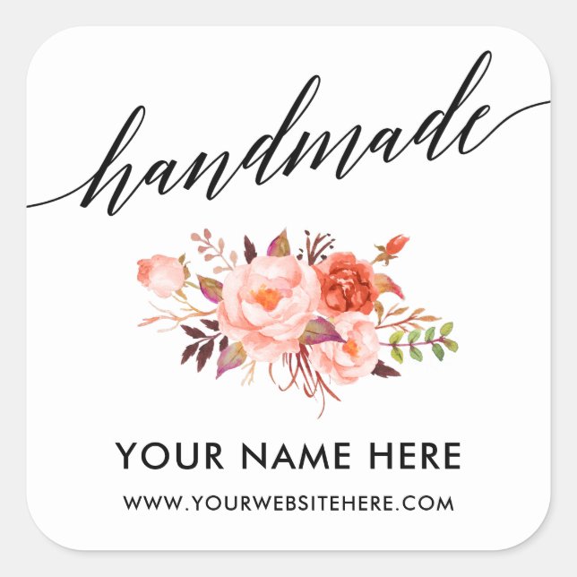 Pegatina Cuadrada Caligrafía hecha a mano Coral Floral Pequeña (Anverso)