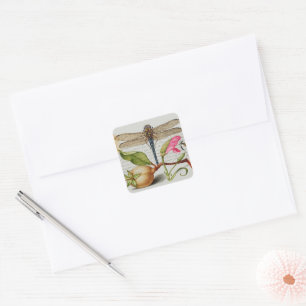 Pegatina Cuadrada Caligrafía (libélula, clavel y oreja)