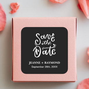 Pegatina Cuadrada Caligrafía Romántica Negra Invitación de Boda "Sav