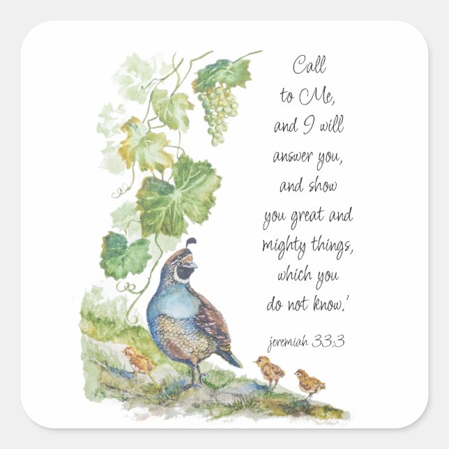 Pegatina Cuadrada Call to Me Scripture Inspiration California Quail  (Anverso)