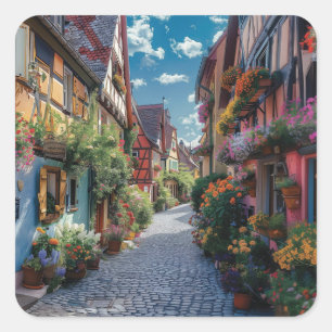 Pegatina Cuadrada Calle adoquinada colorida adornada con flores