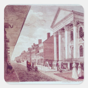 Pegatina Cuadrada Calle alta con la primera iglesia presbiteriana