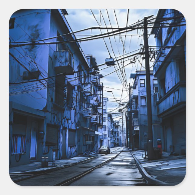 Pegatina Cuadrada Calle azul oscuro y ciudad blanca (Anverso)