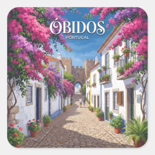 Pegatina Cuadrada Calle Bougainvillea en el Centro Histórico de Óbid