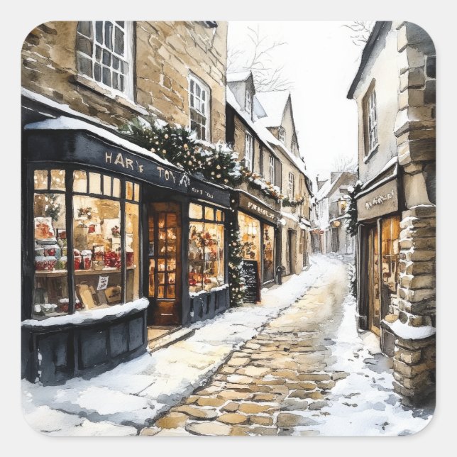 Pegatina Cuadrada Calle Cobblestone para navidades (Anverso)