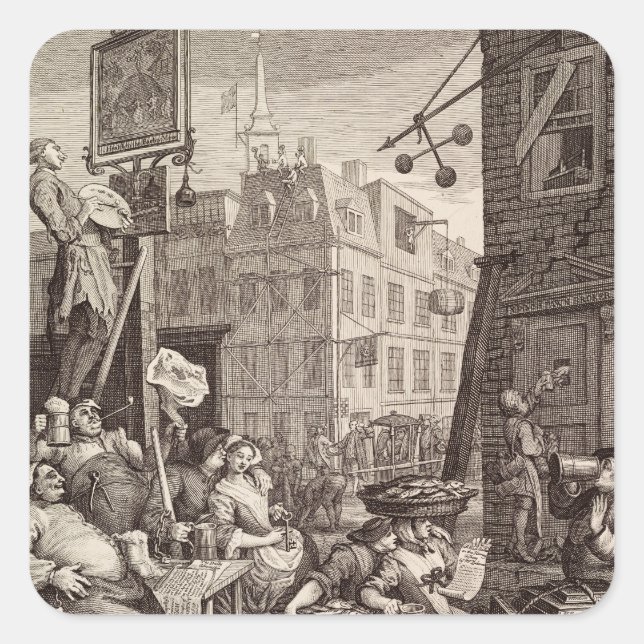 Pegatina Cuadrada Calle de la Cerveza de William Hogarth (Anverso)