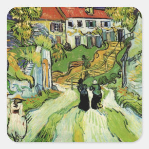 Pegatina Cuadrada Calle del pueblo y escaleras de Auvers, figuras