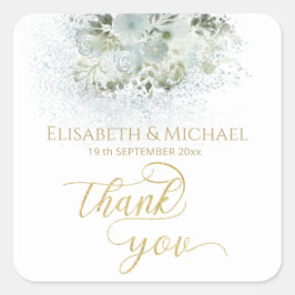 Pegatina Cuadrada Calligrafía dorada floral azul turquesa