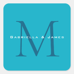 Pegatina Cuadrada Calligrafía monogramada Azure Blue Modern Plain