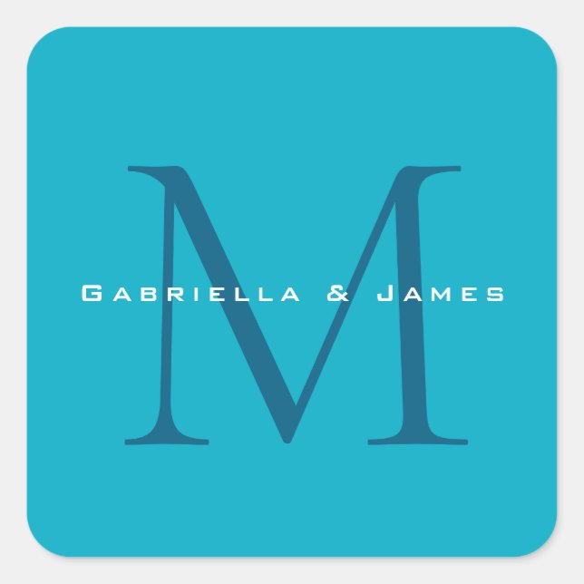 Pegatina Cuadrada Calligrafía monogramada Azure Blue Modern Plain (Anverso)