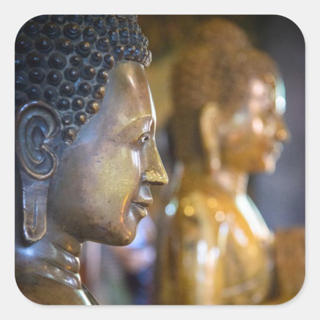 Pegatina Cuadrada Camboya, Phnom Penh. Estatuas de Buda (Anverso)