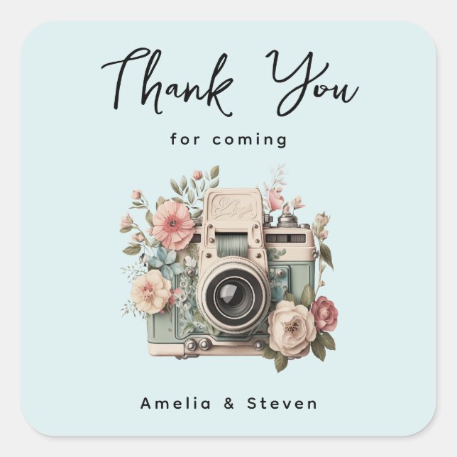 Pegatina Cuadrada Camera with Flowers Retro Pastel Wedding Thank You (Anverso)