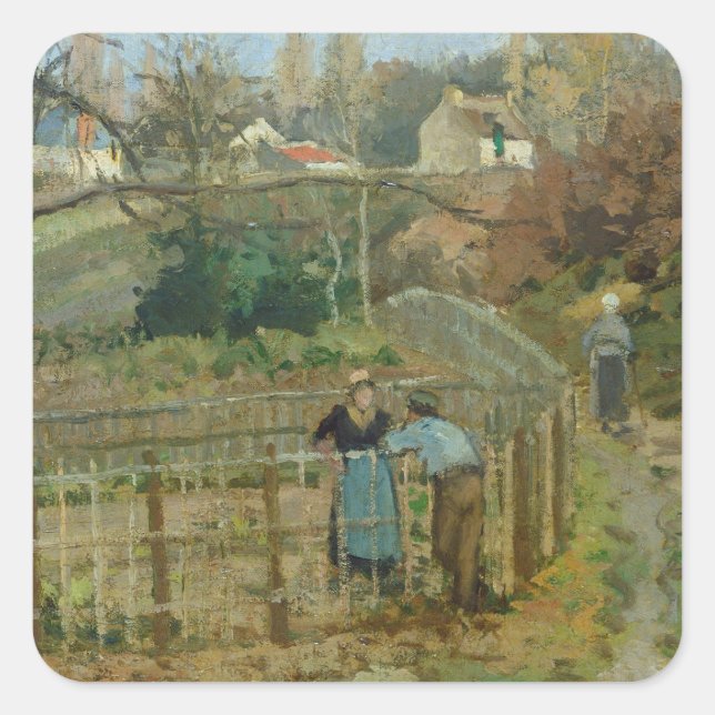 Pegatina Cuadrada Camille Pissarro | La cerca, 1872 (aceite sobre li (Anverso)