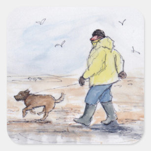 Pegatina Cuadrada Caminando el perro - 01