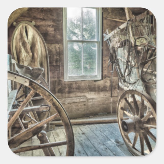 Pegatina Cuadrada Camión cubierto, rueda de vagón de madera (Anverso)