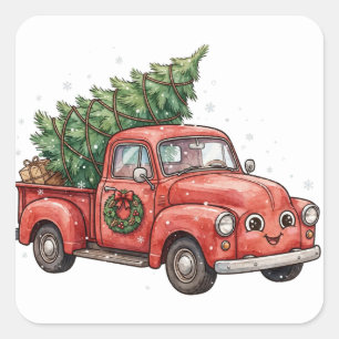 Pegatina Cuadrada Camión de árbol de Navidad vintage rojo Sticker