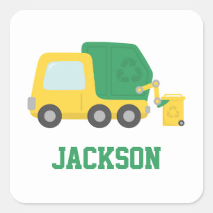 Pegatina Cuadrada Camión de basura reciclaje personalizado para niño