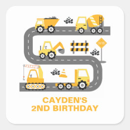Pegatina Cuadrada Camión de Construcción Cumpleaños