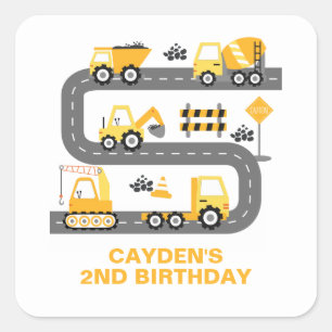 Pegatina Cuadrada Camión de Construcción Cumpleaños