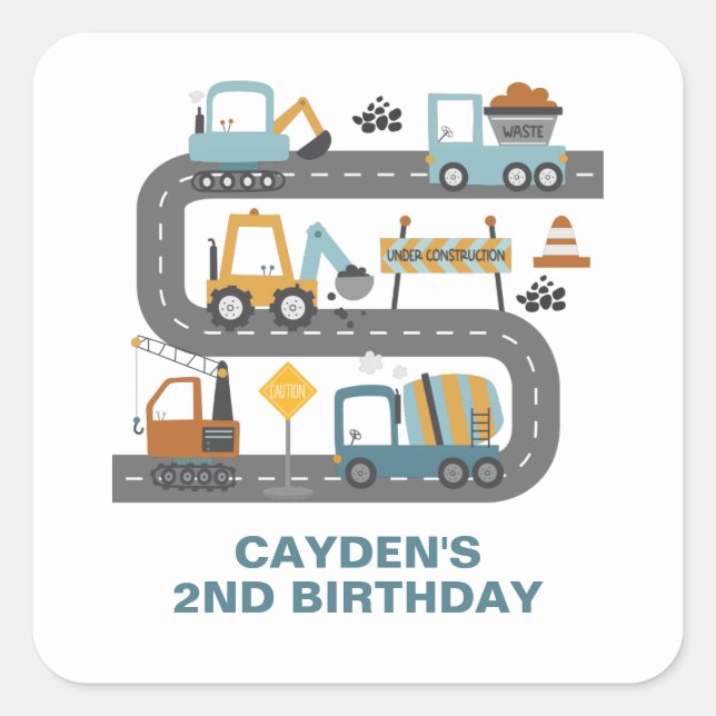 Pegatina Cuadrada Camión de Construcción Cumpleaños (Anverso)