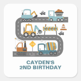 Pegatina Cuadrada Camión de Construcción Cumpleaños