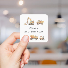 Pegatina Cuadrada Camión de Construcción Cumpleaños Moderno Minimali