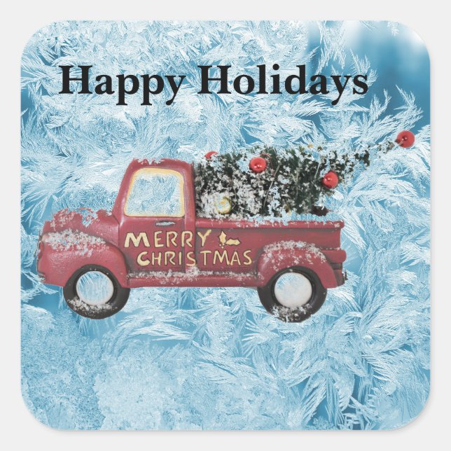 Pegatina Cuadrada camión de cosecha roja sobre fondo de copo de niev (Anverso)