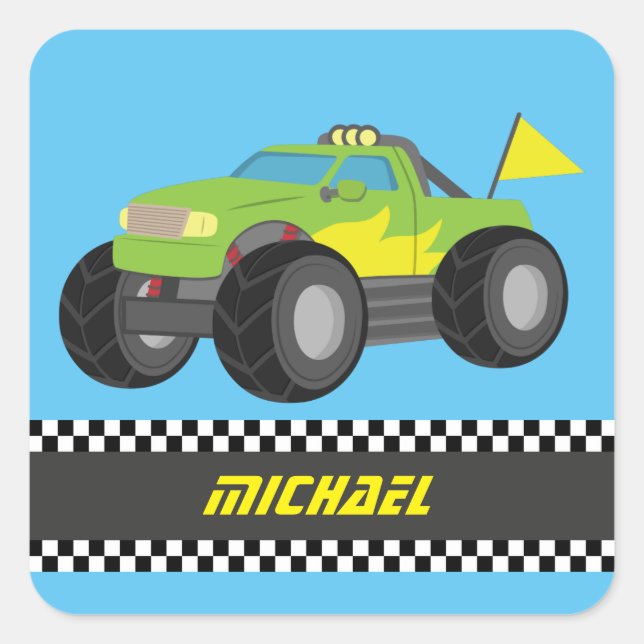 Pegatina Cuadrada Camión de Monstruo Verde de Carreras Guay para niñ (Anverso)