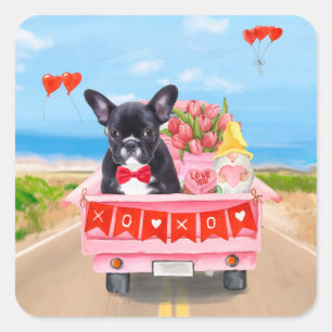 Pegatina Cuadrada Camión de San Valentín de Bulldog Francés