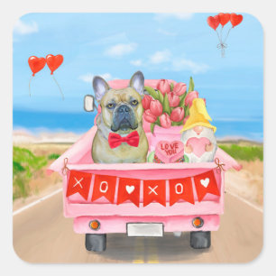 Pegatina Cuadrada Camión del Día de San Valentín de Bulldog Francés