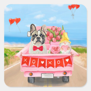 Pegatina Cuadrada Camión del Día de San Valentín de Bulldog Francés