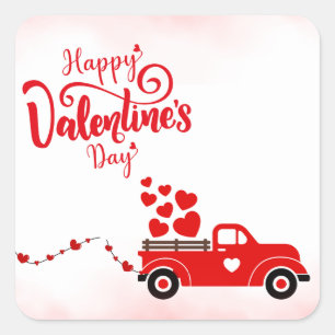 Pegatina Cuadrada Camión feliz Día de San Valentín lleno de corazone